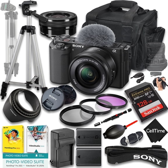 Sony ZV-E10 Mirrorless Camera International Version (No Manufacturer Warranty) w/ 16-50mm Lens + 128GB + Extra Battery + Case (22-Pc Bundle)