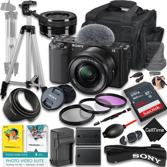 Sony ZV-E10 Mirrorless Camera International Version (No Manufacturer Warranty) w/ 16-50mm Lens + 128GB + Extra Battery + Case (22-Pc Bundle)