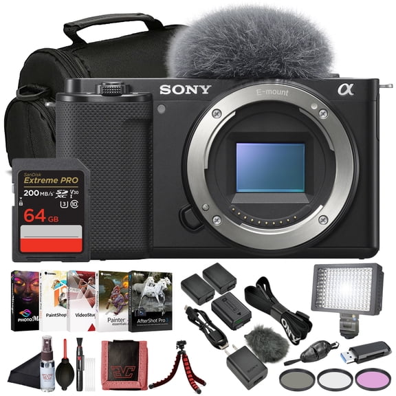 Sony ZV-E10 Mirrorless Digital Camera Body (ILCZV-E10) – 24.2 MP APS-C Sensor, 4K Video, Vari-Angle Screen + 64GB Card + Photo Software + Bag + 2 x NPF-W50 Battery + External Charger and More