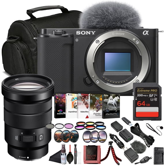 Sony ZV-E10 Mirrorless Digital Camera Body (ILCZV-E10)  24.2 MP APS-C Sensor, 4K Video, Vari-Angle Screen + Sony 18-105mm Lens + 64GB Card + Color Filter Kit + Filter Kit + Photo Software and More