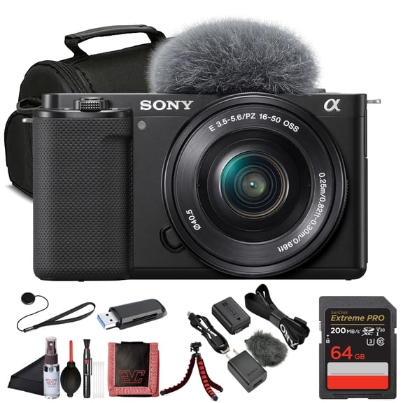 Sony ZV-E10 Vlogging Mirrorless Camera Kit with E PZ 16–50mm Lens (ILCZV-E10L/B)| 24.2 MP APS-C Sensor | 4K Video with 64GB Card, Card Reader, Case, Flex Tripod, Memory Card Wallet, Cleaning Kit