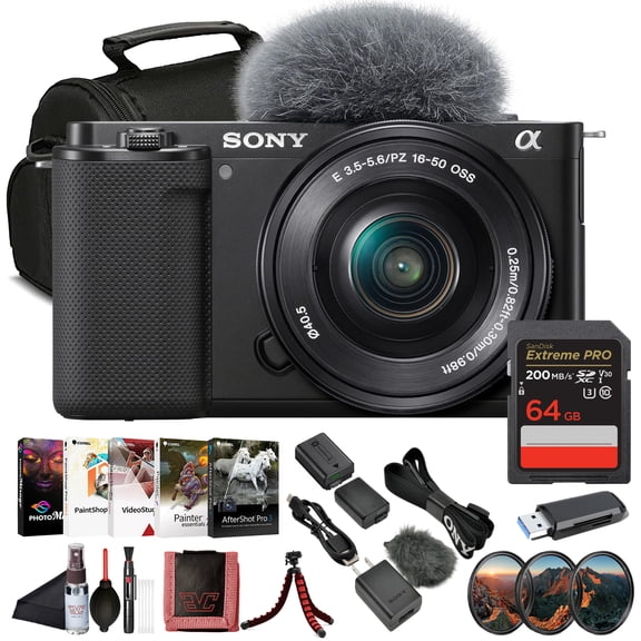 Sony ZV-E10 Vlogging Mirrorless Camera Kit with E PZ 1650mm Lens (ILCZV-E10L/B)| 24.2 MP APS-C Sensor | 4K Video with 64GB Memory Card, Filter Kit, External Charger, NPF-W50 Battery and More