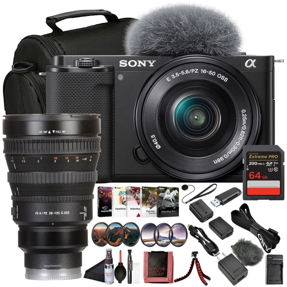 Sony ZV-E10 Vlogging Mirrorless Camera Kit with E PZ 1650mm Lens (ILCZV-E10L/B) | 24.2 MP APS-C Sensor | 4K Video with FE PZ 28-135mm Lens, 64GB Card, Filter Kit, External Charger and More
