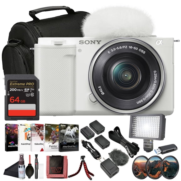 Sony ZV-E10 Vlogging Mirrorless Camera (White) with E PZ 1650mm Lens (ILCZV-E10L/W) | 24.2 MP APS-C Sensor | 4K Video with 64GB Memory Card, Filter Kit, LED Light, 2 x NPF-W50 Battery and More