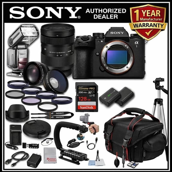 Sony a1 II Mirrorless Camera with Sigma 28-70mm Lens, LED Light, Microphone, 128GB Extreme Memory, TTL Pro Flash, Filters, Lenses, Case, Tripod, and More ? Pro Photo Bundle (41pc Bundle)