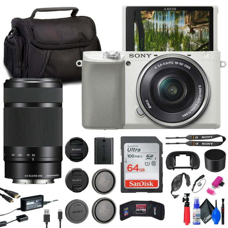 Sony a6100 Mirrorless Camera with 16-50mm and 55-210mm Lenses (White)  (ILCE6100Y/W) + 64GB Card + Card Reader + Case + Flex Tripod + Hand Strap +  Memory Wallet + Cap Keeper + Cleaning Kit 