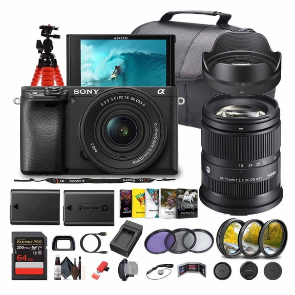Sony a6100 Mirrorless Camera with 16-50mm f/3.5-5.6 II Lens (ILCE6100KB) + Sigma 18-50mm Lens + Photography Software + 64GB Memory Card + NP-FW50 Battery + Camera Bag + Charger + More