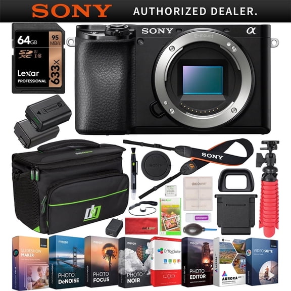 Sony a6100 Mirrorless Camera | Official Sony USA Partner Model | 4K APS-C Body Only Interchangeable Lens Camera ILCE-6100B Bundle with 2X Battery + Deco Gear Bag Case + 64GB Memory Card + Software Ki