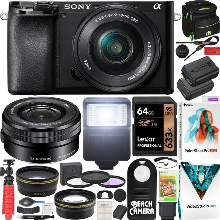 Sony a6100 Mirrorless Camera 4K APS-C ILCE-6100LB with 16-50mm F3.5-5.6 OSS  Lens Kit and Deco Gear Case + Extra Battery + Flash + Wide Angle &  Telephoto Lens + Filter Kit +