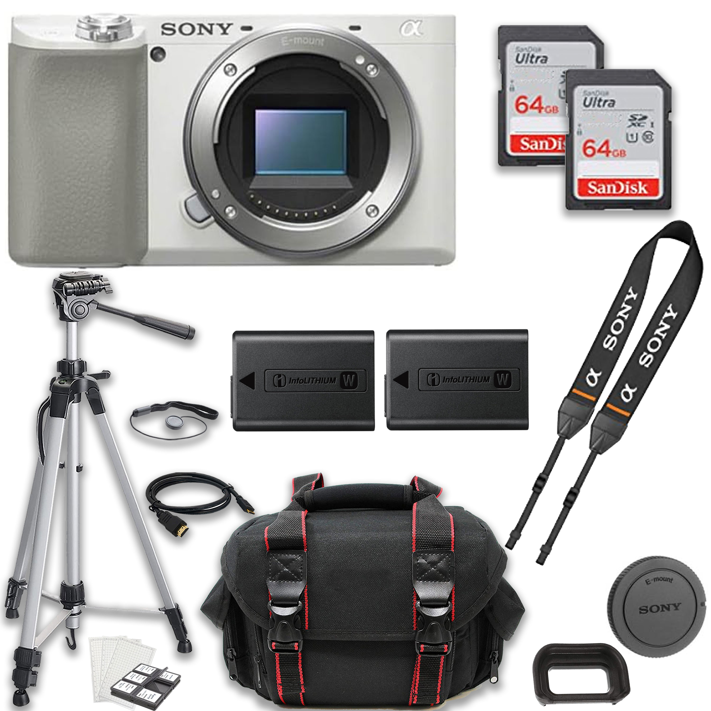 Sony a6100 Mirrorless Camera (White) + 2X 64GB Memory + Case + Tripod