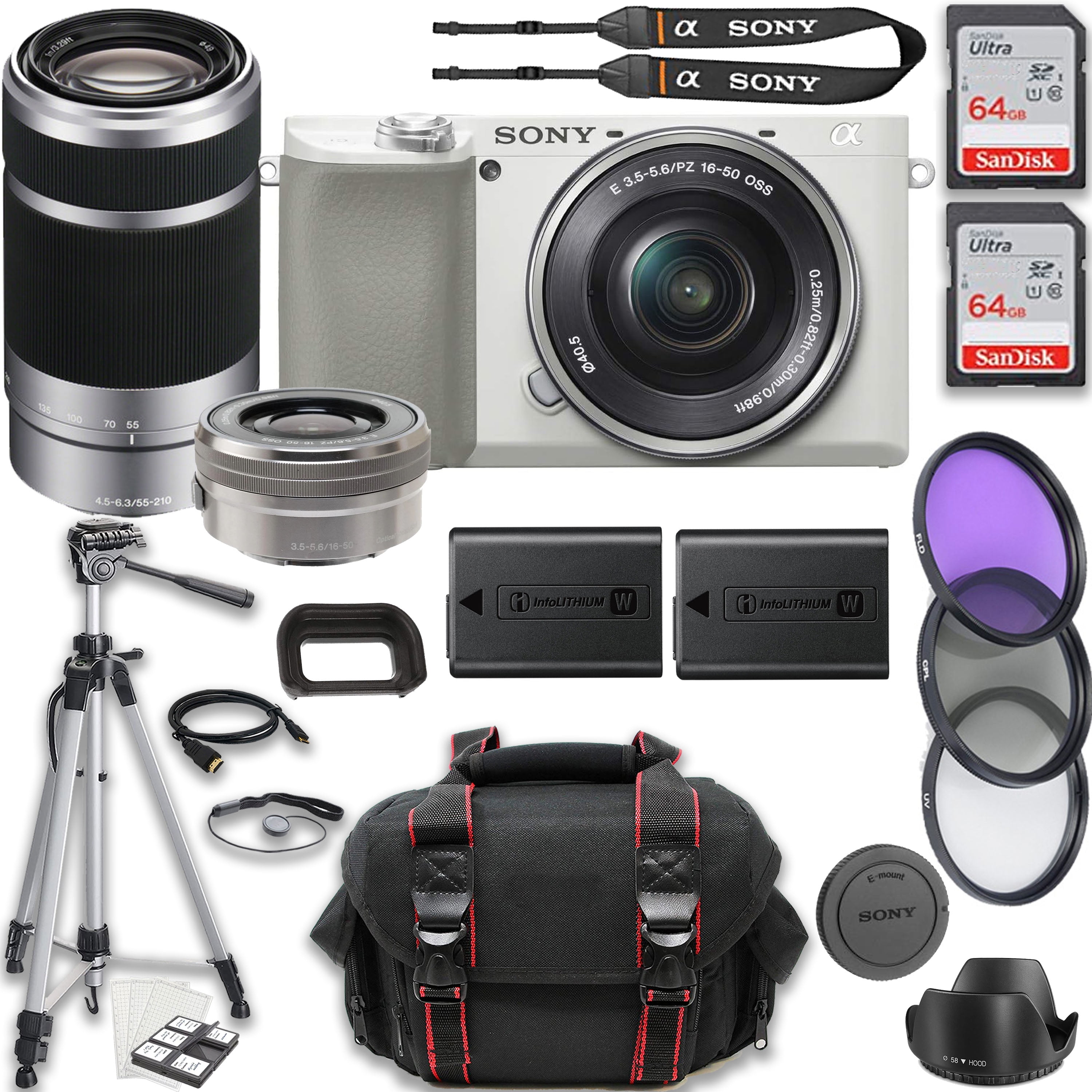 Sony a6100 Mirrorless Camera with 16-50mm and 55-210mm Lenses (White)  (ILCE6100Y/W) + Filter Kit + 64GB Card + NPF-W50 Battery + Card Reader +  Corel