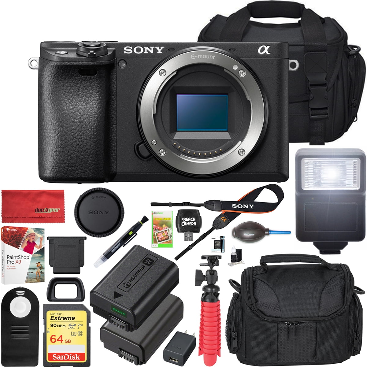 Sony a6400 4K Mirrorless Camera ILCE-6400/B Body Only with Travel Case  Gadget Bag and Deco Gear Deluxe Cleaning Kit Extra Battery Remote & Flash 