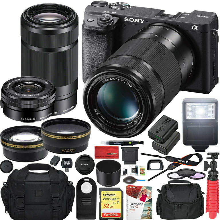 Sony a6400 4K Mirrorless Camera ILCE-6400L/B (Black) with 16-50mm F/3.5-5.6  and 55-210mm F4.5-6.3 2 Lens Kit and 0.43x Wide Angle + 2.2x Telephoto +  Deco Gear Extra Battery Remote & Flash Bundle 