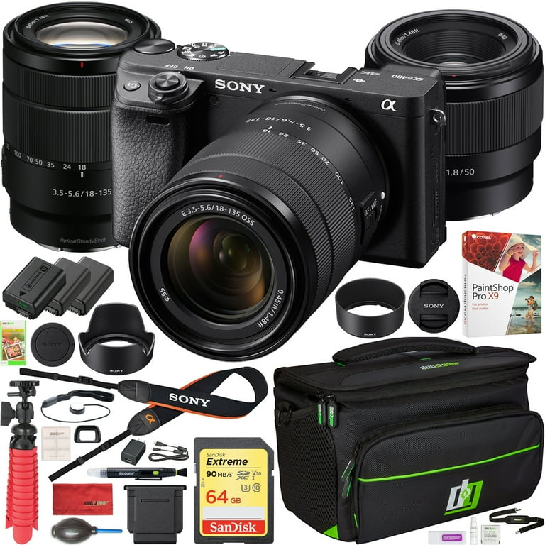 Sony a6400 4K Mirrorless Camera ILCE-6400M/B with 18-135mm F3.5-5.6 and FE  50mm F1.8 Prime 2 Lens Kit and Deco Gear Travel Case Photography Maintenace  ...