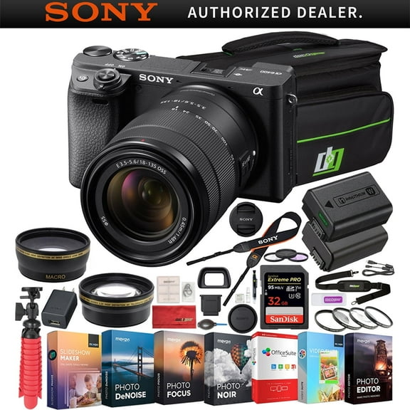 Sony a6400 4K Mirrorless Camera ILCE-6400M/B w/ 18-135mm F3.5-5.6 OSS Lens Kit + Wide Angle and 2.2X Telephoto Lens + Deco Gear Case Filter Set + Battery & Editing Bundle | Official Sony Partner|