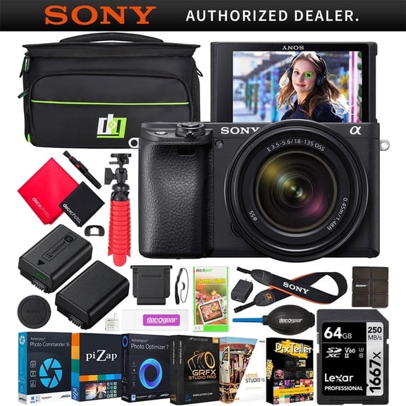 Sony a6400 Mirrorless 4K Camera w/18-135mm F3.5-5.6 OSS Lens ILCE-6400MB 2x Battery Content Creator Bundle + Deco Gear Bag + 64GB Card + Photo Video Software & Accessories | Official Sony Partner|