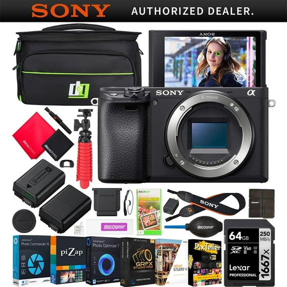 Sony a6400 Mirrorless 4K Interchangeable Lens Camera ILCE-6400B Double Battery Content Creator Bundle w/ Deco Gear Case + 64GB Card + Photo Video Software & Accessories |Official Sony Partner|