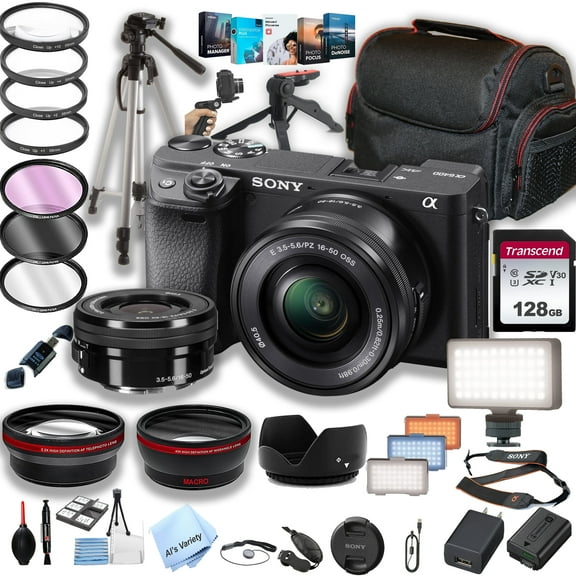 Sony a6400 Mirrorless Camera with 16-50mm Lens + 128GB Memory + LED Video Light + Case+ Steady Grip Pod + Tripod + Filters + Lenses + Software + More (42pc Bundle)