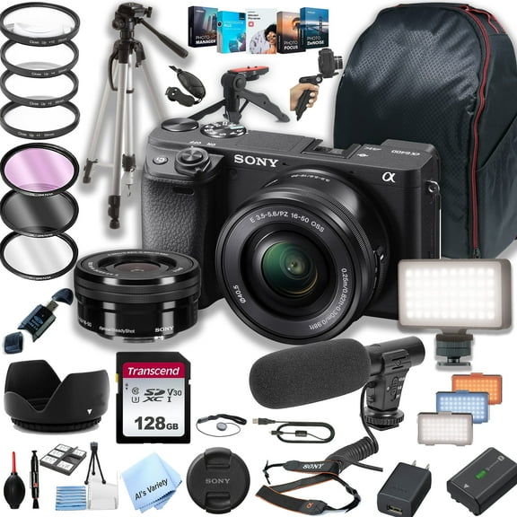 Sony a6400 Mirrorless Camera with 16-50mm Lens + 128GB Memory + LED Video Light + Microphone + Back Pack + Steady Grip Pod + Tripod + Filters + Software + More (36pc Bundle)