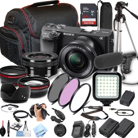 Sony a6400 Mirrorless Camera with 16-50mm Lens + 64GB Memory, Spare Battery, Filters,Case, Tripod, Video Light, Microphone and More (Content Creator Bundle) (International Version)