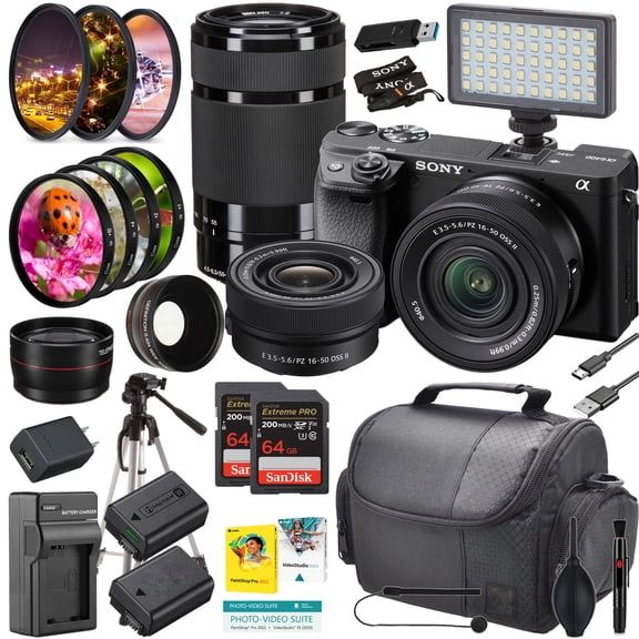 Sony a6400 Mirrorless Camera w/ 16-50mm II & 55-210mm OSS Lenses + 264GB Memory, LED Light, Extra Battery, Charger & Gripster Tripod (International Version)