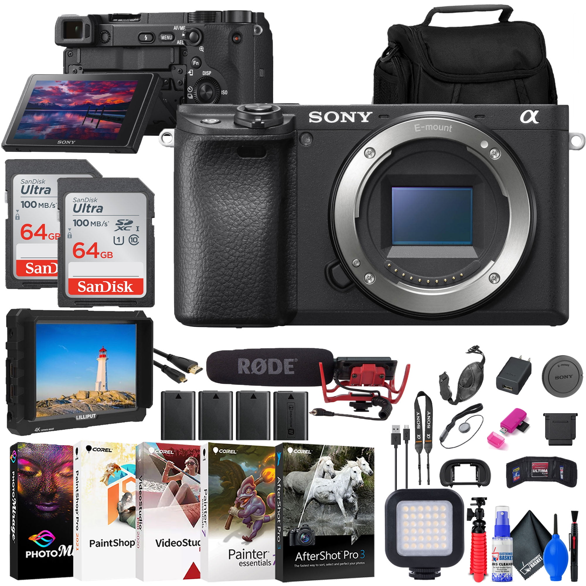 Sony a6400 Mirrorless Camera + 4K Monitor + Rode VideoMic + 2 x 64GB