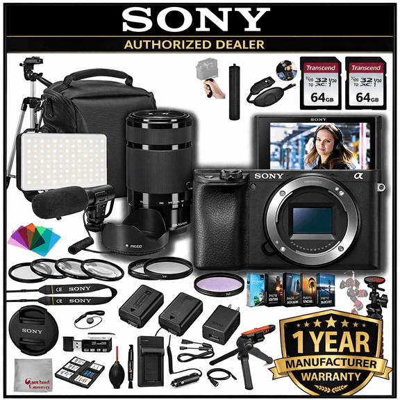 Sony a6400 Mirrorless Camera with 55-210mm Lens, 128GB Memory,Microphone, 120LED Video Light, Tripod, Filters, Hood, Grip,Spare Battery & Charger, Video & Photo Editing Software Kit -Deluxe Bundle