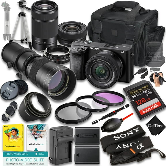 Sony a6400 Mirrorless Camera w/ E PZ 16-50mm OSS, E 55-210mm & 420-800mm f/8 Lenses, 128GB Memory, Extra Battery, Case & More (27pc Bundle) (International Version)