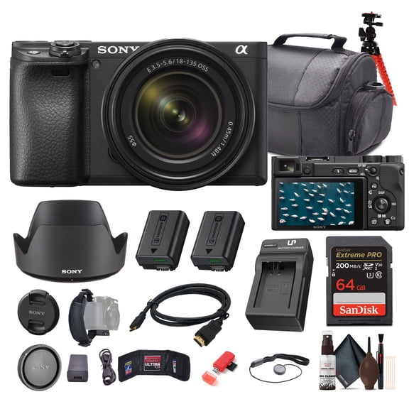Sony a6400 Mirrorless Camera with 18-135mm Lens (ILCE-6400M/B) + 64GB Memory Card + NP-FW50 Battery + Charger + Case + Flexible Tripod + More