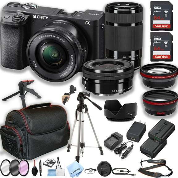 Sony a6400 Mirrorless Camera with16-50mm & 55-210mm Zoom Lenses + 2pcs 64GB Memory + Case+ Tripod + Steady Grip Pod + Filters + Macro + 2X Lens + 2X Batteries + More (38pc Bundle)