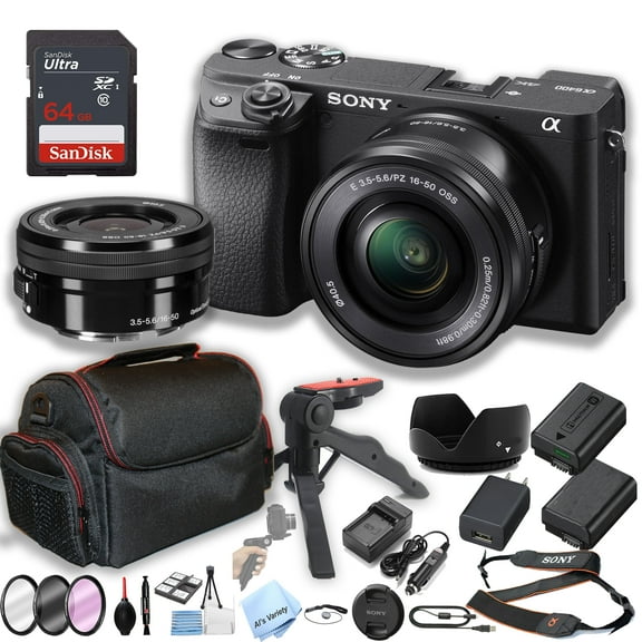 Sony a6400 Mirrorless Camera with16-50mm Zoom Lens + 64GB Memory + Case+ Steady Grip Pod + Filters + 2X Batteries + More (30pc Bundle) (International Version)