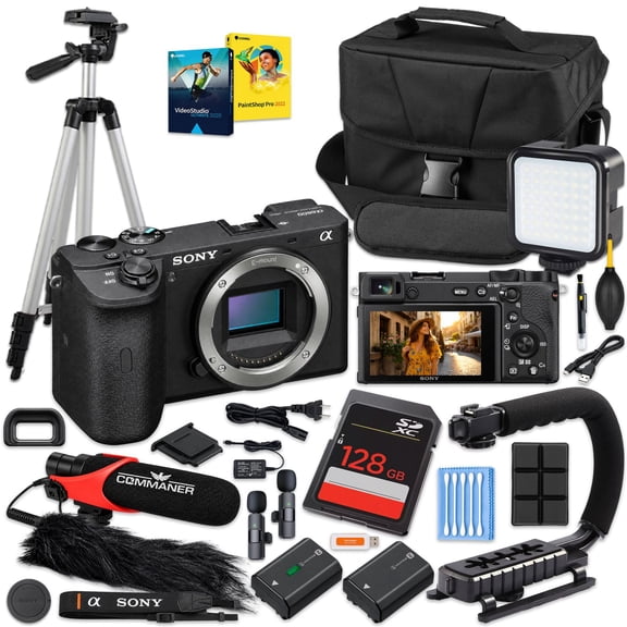 Sony a6600 Mirrorless Camera (Body Only)| 128GB Memory Card, Carrying Case, Extra Battery, Dual Wireless Mic, 50in Tripod, LED Light, U-Grip (International Version)
