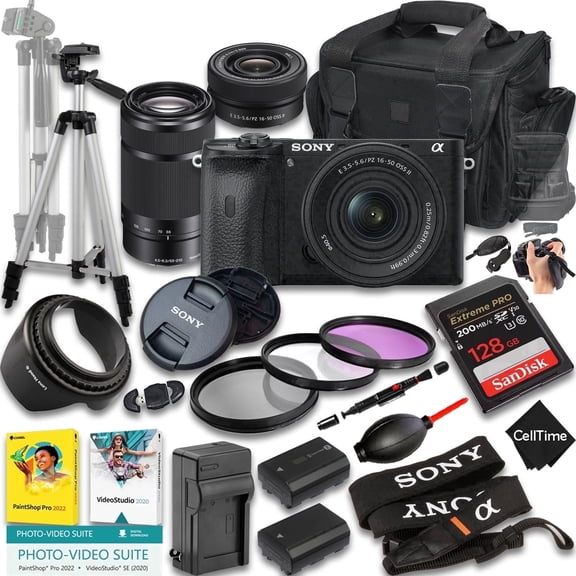 Sony a6600 Mirrorless Camera w/ 16-50mm & 55-210mm Lenses + 128GB + Extra Battery + Case + Tripod (25-Pc Bundle) (International Version)