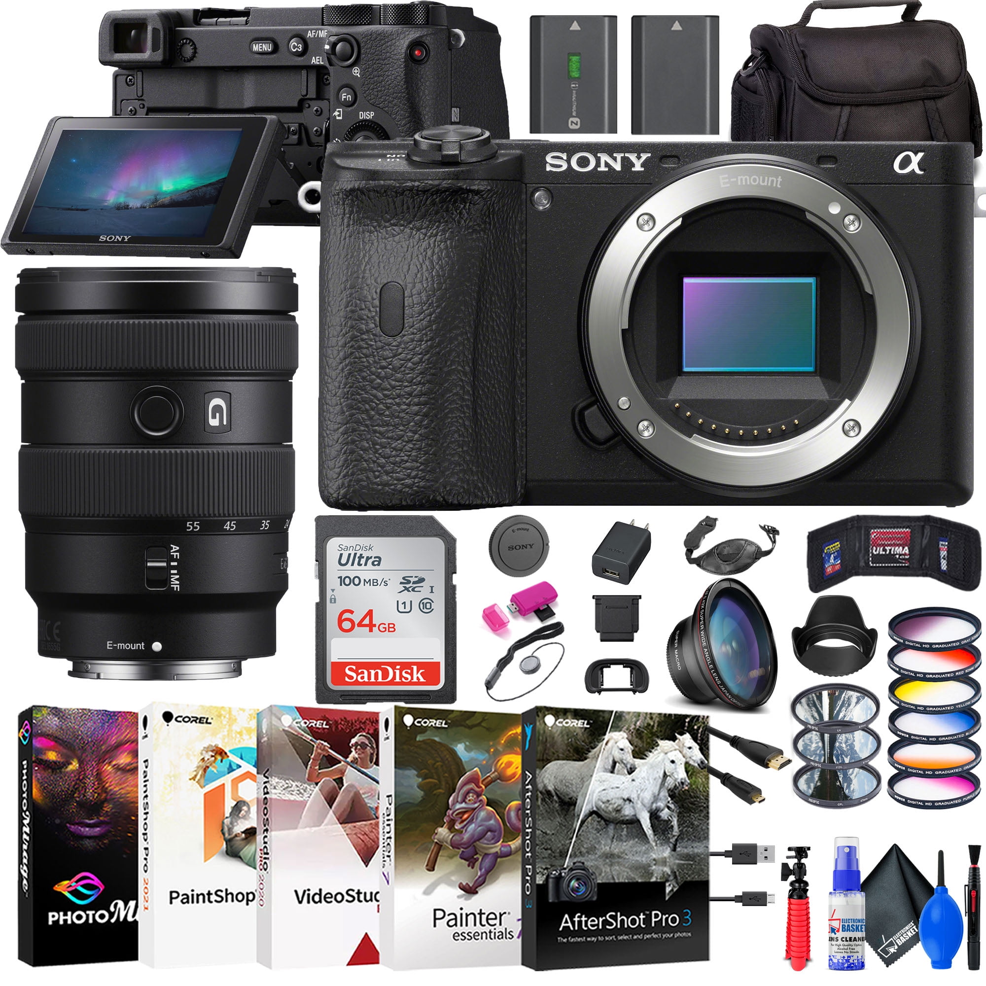 Sony a6600 Mirrorless Camera (ILCE6600/B) E 18-135mm Lens + Wide Angle Lens  + Telephoto Lens + Color Filter Kit + Lens Hood + Bag + NP-FZ100