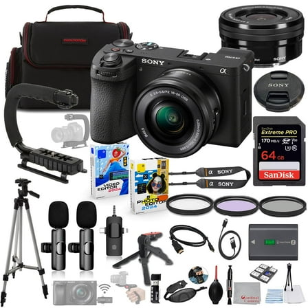 Sony a6700 Mirrorless Camera with 16-50mm Lens Bundle + Wireless Microphone System + Accessory Package Including 64GB Extreme Memory, U-Grip, Case, Tripod, Software and More (30 Items)