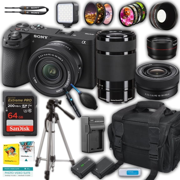 Sony a6700 Mirrorless Camera w/ 16-50mm II & 55-210mm Lenses + 64GB Memory, Case & Travel Charger (International Version, No Manufacturer Warranty)