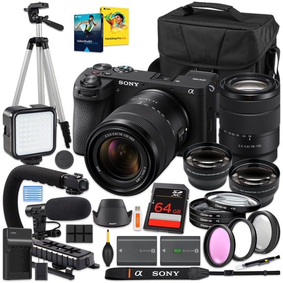 Sony a6700 Mirrorless Camera + E 18-135mm OSS Lens | Hybrid Travel Kit, 64GB Memory Card, Carrying Case, Extra Battery, Tripod, Video Mic, LED Light, U-Grip, Filters (International Version)