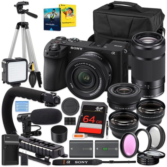Sony a6700 Mirrorless Camera + E PZ 16-50mm OSS II + E 55-210mm OSS Lenses | Versatile Two-Lens Kit, 64GB Memory Card, Carrying Case, Extra Battery, Tripod, Video Mic (International Version)