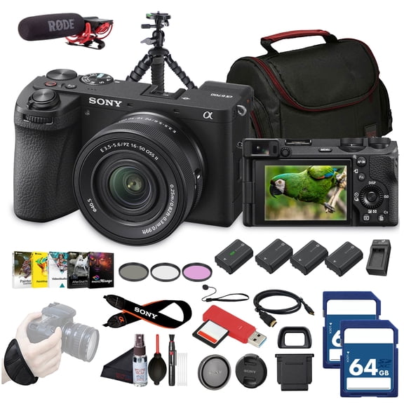 Sony a6700 Mirrorless Vlogger Camera With 16-50mm II Lens + Video Mic + 2 x 64GB Memory Card + 3 x NP-FZ100 Battery + Photo Software + Filter Kit + Charger + Case + More