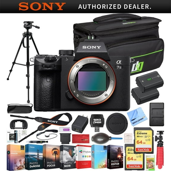 Sony a7 III Full Frame Mirrorless Interchangeable Lens 4K HDR Camera ILCE-7M3 Bundle w/ Deco Gear Bag, 2x 64GB Cards, Editing Suite & Accessories |Official Sony Partner|