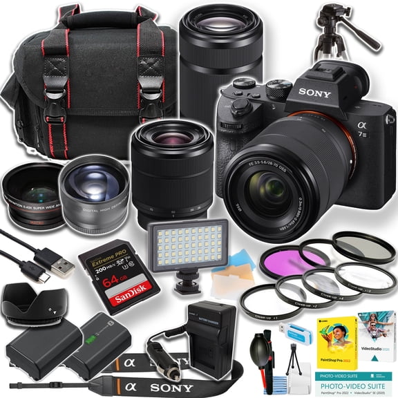 Sony a7 III Mirrorless Camera International Version (No Manufacturer Warranty) w/ 28-70mm & 55-210mm Lenses + 64GB Card + LED Light + Spare Battery + Tripod (21-Pc Bundle)