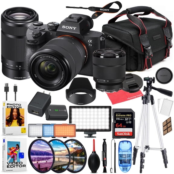Sony a7 III Mirrorless Camera International Version (No Manufacturer Warranty) w/ 28-70mm & 55-210mm Lenses + 64GB Extreme SD + LED Video Light + Filters + Case + Software Bundle