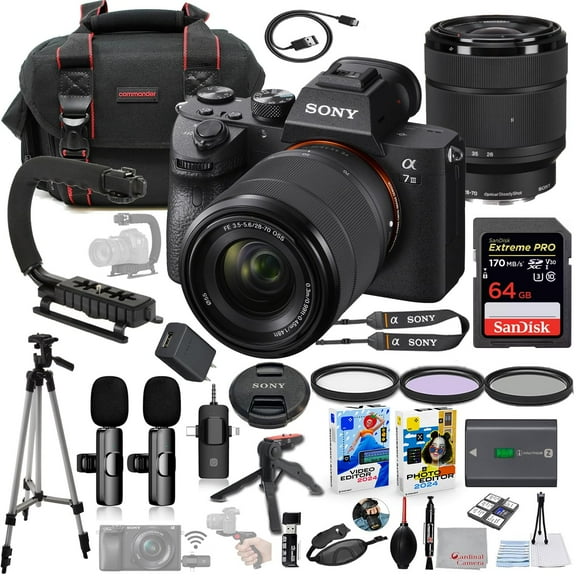 Sony a7 III Mirrorless Camera with 28-70mm Lens Bundle + Wireless Microphone System + Accessory Package Including 64GB Extreme Memory, U-Grip, Case, Tripod, Software and More (30 Items)