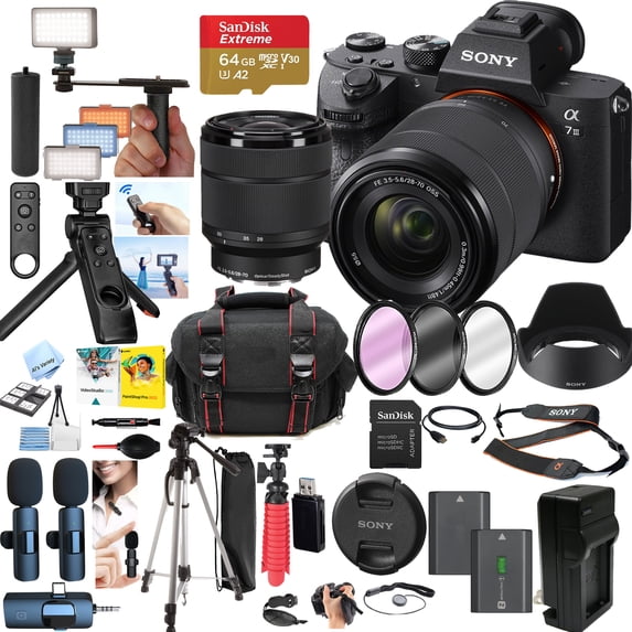 Sony a7 III Mirrorless Camera with FE 28-70mm Lens, 24.2MP Full-Frame 4K, Bundle with 64GB SD Card, Dual Wireless Microphones, Tripod, LED Light & Accessories (International Version)