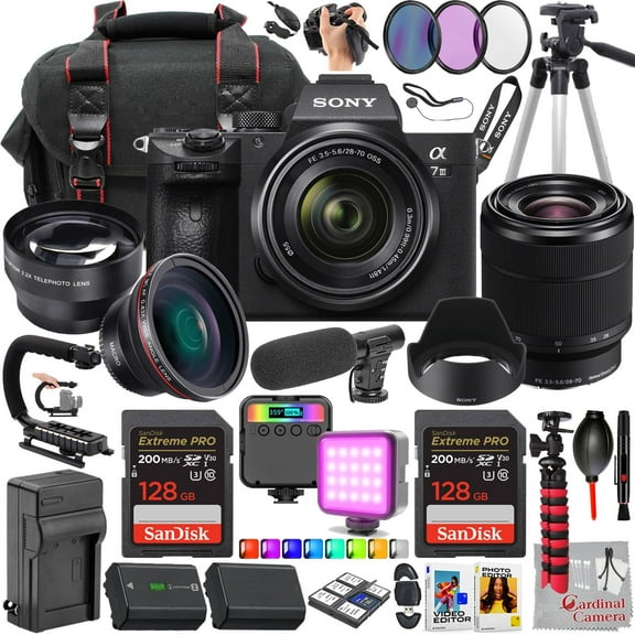 Sony a7 III Mirrorless Camera USA Model with 28-70mm f/3.5-5.6 Lens + 256GB Memory Card + Extra Battery + Microphone + RGB LED Video Light + More (35pc Bundle)