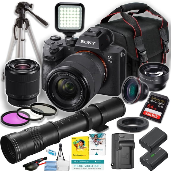 Sony a7 III Mirrorless Camera International Version w/ 28-70mm & 420-800mm Telephoto Lenses + 64GB Extreme Pro Card + LED Light (18-Pc Bundle)