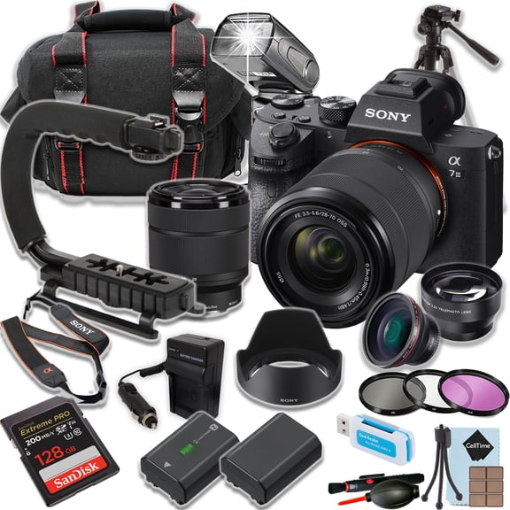 Sony a7 III Mirrorless Camera with 28-70mm lens + 128GB Extreme Memory Card + TTL Flash + Tripod + More (18pc Bundle) (International Version)