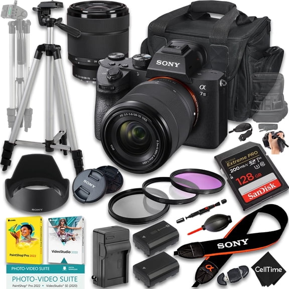 Sony a7 III Mirrorless Camera International Version (No Manufacturer Warranty) w/ 28-70mm Lens + 128GB + Extra Battery + Case + Tripod (22-Pc Bundle)