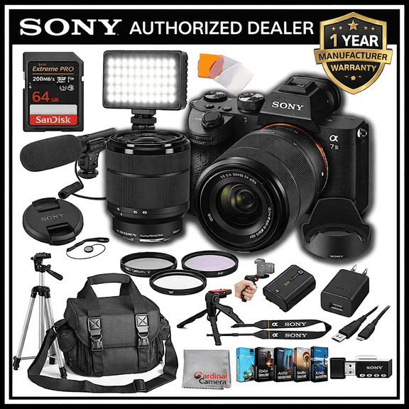 Sony a7 III Mirrorless Digital Camera 24MP w/ 28-70mmmm Lens, 64GB Extreem Speed Memory,Video Microphone, LED Video Light, Case. Tripod, Filters, & Video & Photo Editing Software Kit