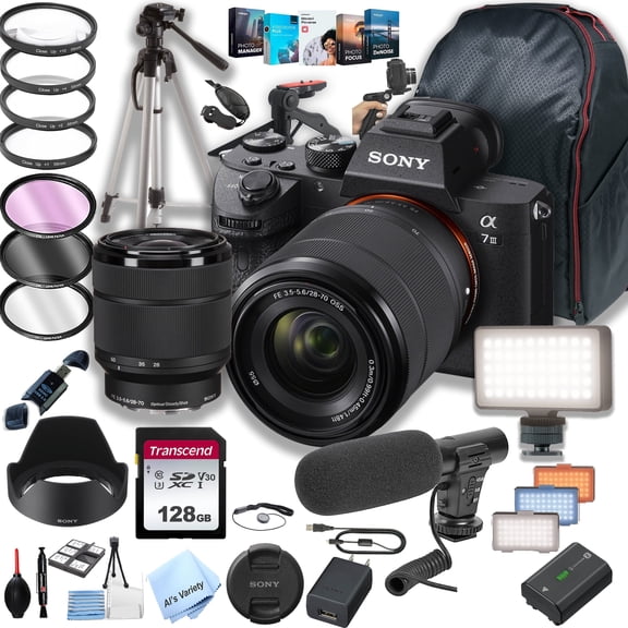 Sony a7 III Mirrorless Digital Camera with 28-70mm Lens + 128GB Memory + LED Video Light + Microphone + Back Pack + Steady Grip Pod + Tripod + Filters + Software (International Model)